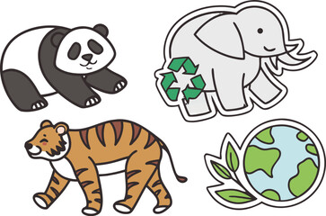 Fototapeta premium Endangered Animals Saving Earth with Recycling, Eco-Friendly Cartoon Illustration