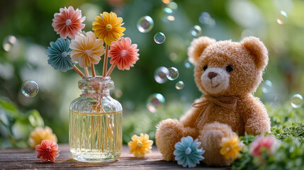Cute teddy bear with paper flowers and soap bubbles
