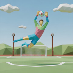 A polygonal illustration of a goalkeeper diving to catch a soccer ball