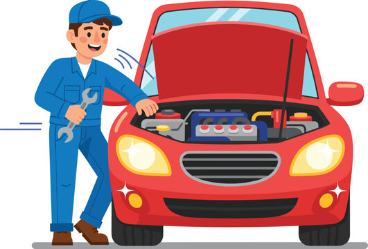 Friendly Professional Auto Mechanic in Blue Uniform Holding Wrench and Inspecting Engine Under the Hood of a Red Car for Repair Service Concepts