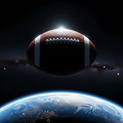 American football floats in space with earth below illuminated by light