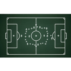A chalkboard illustration depicts a soccer field with player formations