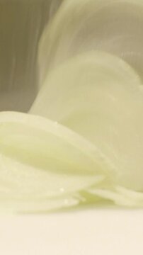 Slicing Onion with Kitchen Knife, Cooking Hands Close Up Vertical