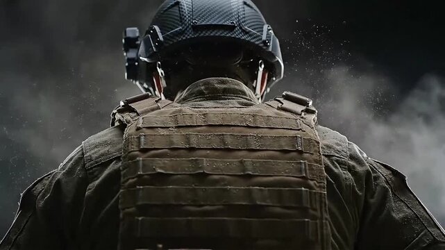 Rear View of Tactical Special Forces Soldier in Full Combat Gear Standing in Smoke and Dust