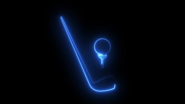 Neon Glowing golf clubs and balls Icon animation on black background.4k motion video .