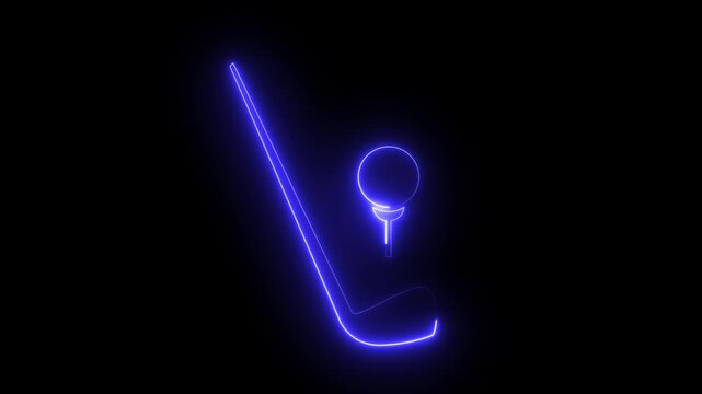 Neon Glowing golf clubs and balls Icon animation on black background.4k motion video .