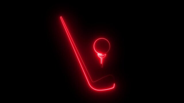 Neon Glowing golf clubs and balls Icon animation on black background.4k motion video .