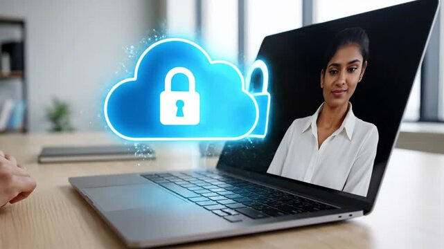 A person types on a laptop; cloud symbol with lock is above; another lock is displayed on screen