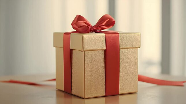 Gold Gift Box with Red Ribbon Shaking on Table Video.