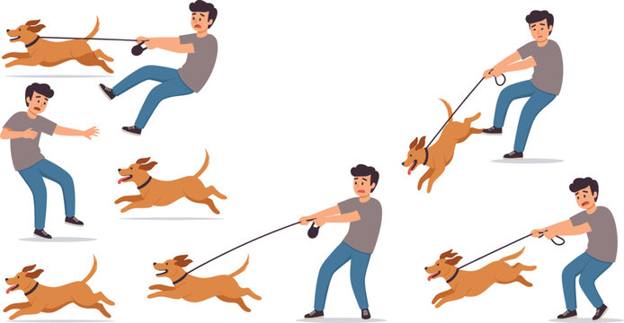 Man Struggling to Walk Strong Pulling Dog Character Set with Different Poses of Disobedient Pet Behavior for Training Manuals, Blogs, and Veterinary Graphics