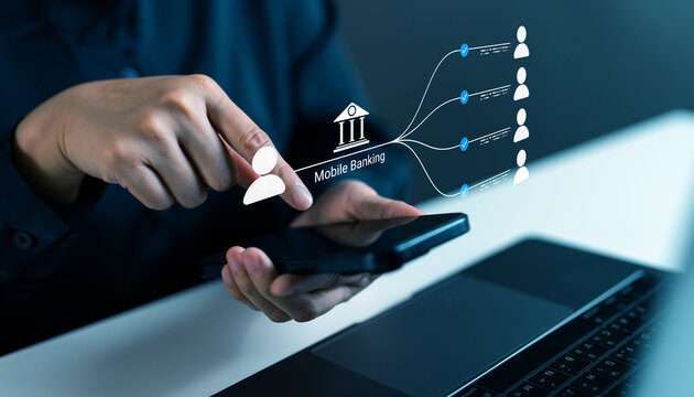 Close-up hands of user making financial transactions via mobile banking app, connecting to multiple accounts. Online payments, digital finance, peer-to-peer transfers and smart banking systems.