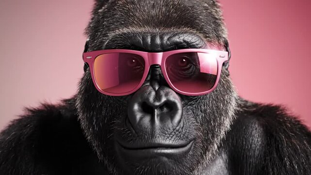 A close-up portrait of a gorilla wearing pink sunglasses, against a pink gradient backdrop