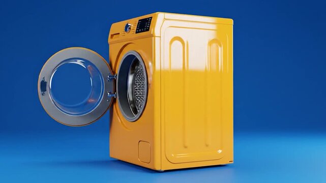 Modern yellow washing machine with an open door on a blue background.