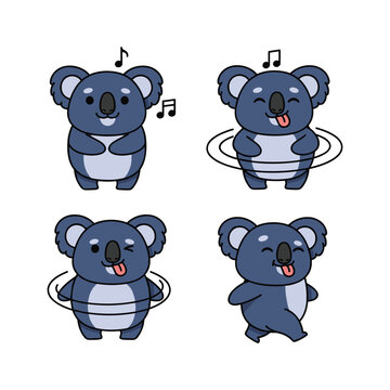 Cartoon koalas dancing to music with joyful expressions