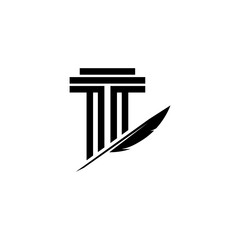 law firm judicial column pillar logo with ancient feather pen in flat design style
