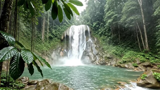 A vibrant waterfall cascades into a turquoise pool, surrounded by lush green foliage and rocks
