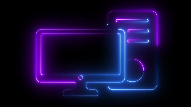 Neon Desktop Computer PC Monitor Digital Office Icon animation on black background.4k motion video .