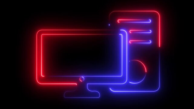 Neon Desktop Computer PC Monitor Digital Office Icon animation on black background.4k motion video .