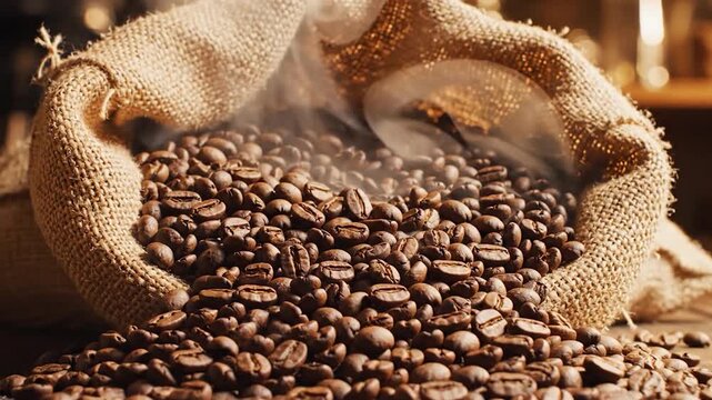 Steaming roasted coffee beans spill from a burlap sack on a rustic table.