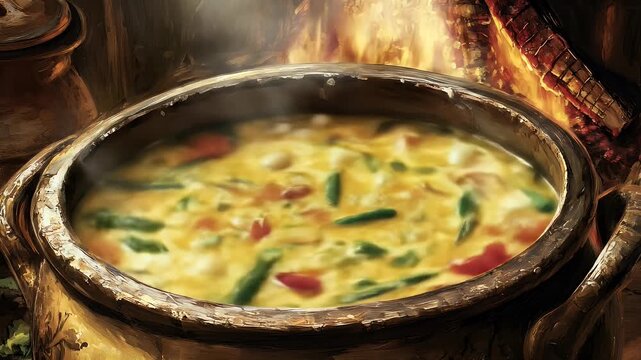 Steaming pot of vegetable soup simmers over a crackling fire