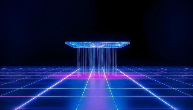 Futuristic Central Processing Unit Floating Over Digital Grid with Data Transfer Lines
