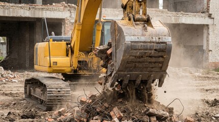 Fototapeta premium Excavator bucket lifting bricks in demolition process concept. Excavator demolishing a building, showing construction activity.