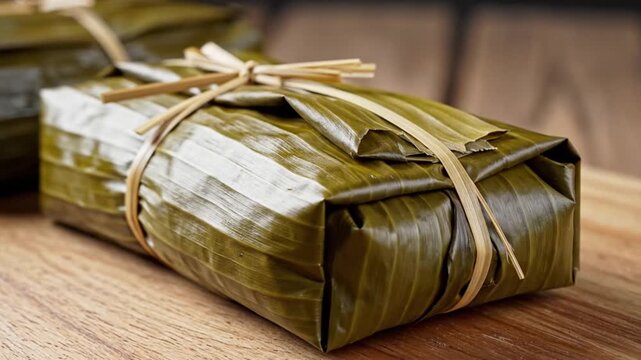 Close-up of traditional food wrapped in green leaves and tied with straw. It sits on a wooden surface