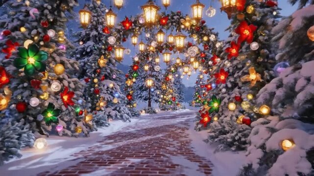 A dreamy winter evening walkway composed of snow sprinkled brick path framed with evergreen trees carrying artistic festive flowers while shimmering ornaments and delicate lanterns hang forming a deco
