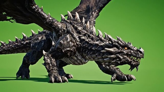 Fierce dragon creature with sharp spikes and claws on green background