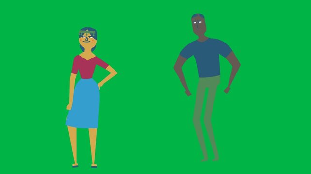 A woman and man standing side by side with hands on hips in 2d animated cartoon animation on green screen chromakey background, suited for confident couple or team visuals.