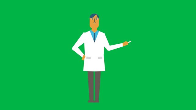 A doctor in white coat pointing forward confidently in 2d animated cartoon animation on green screen chromakey background, great for health advice or medical presentation.