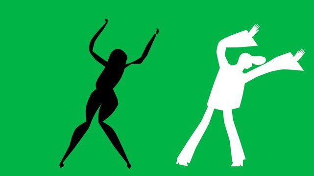 Black and white silhouette figures in martial arts fight pose in 2d animated cartoon animation on green screen chromakey background, ideal for action or combat scenes.