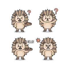 Cartoon hedgehog characters showing different emotions with a plate of food