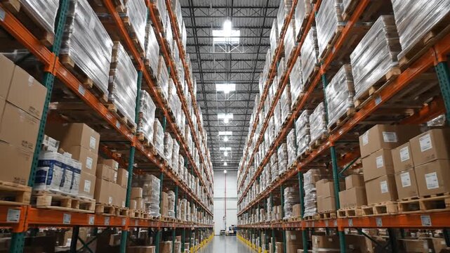 Large warehouse interior with rows of storage shelves, loaded with boxes and wrapped pallets