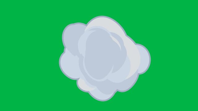 Cute white fluffy cloud floating gently in 2d animated cartoon animation on green screen chromakey background, perfect for weather, sky, or dreamy atmosphere overlays.