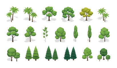 Title 1 Large isometric tree set with palm and deciduous green trees featuring soft shadows for architectural visualization and landscape design projects © MdAtaur