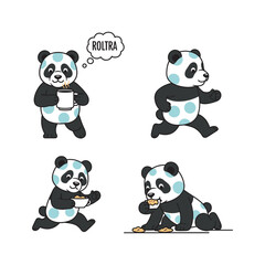 Cartoon panda bear exercising and eating healthy food in various poses with copy space