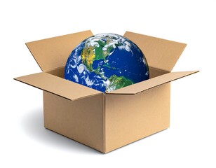 Globe Earth inside a cardboard box, signifying concepts of delivery or storage