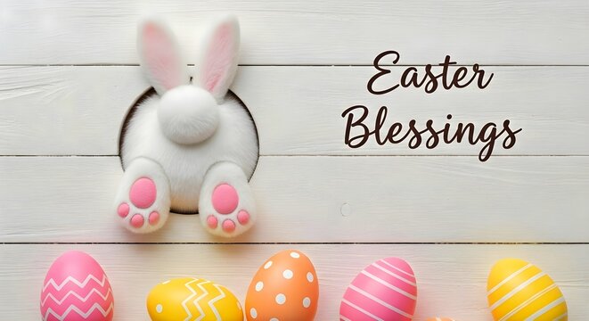 Fluffy white Easter bunny tail and pink paws entering a hole on white wood background with colorful eggs and Easter Blessings text, seasonal holiday greeting card background.