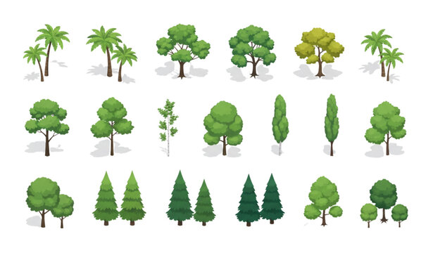 Title 1
Large isometric tree set with palm and deciduous green trees featuring soft shadows for architectural visualization and landscape design projects