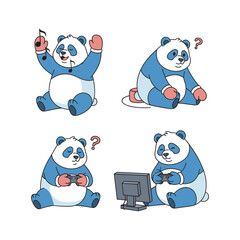 Cartoon panda using technology with various expressions on white background