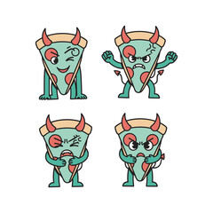 Cartoon slice of watermelon with devil horns expressing different emotions on white background