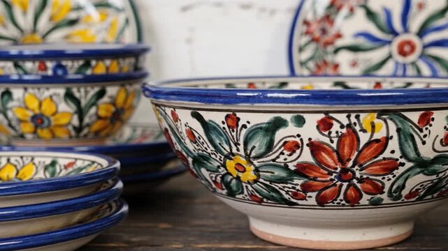 Close-up of patterned ceramic bowls. Various painted floral designs in vibrant colors on a white backdrop