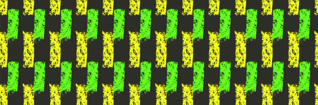 Dash neon marker lines seamless pattern. Surface pattern design geometric handmade bold green yellow, black motif. Hand drawn mini streaks texture. Vector repeat background illustration.