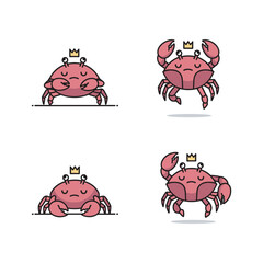Cute cartoon crabs with crowns in different poses on white background