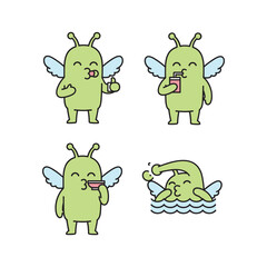 Cute cartoon bee characters having fun and relaxing in different activities with copy space