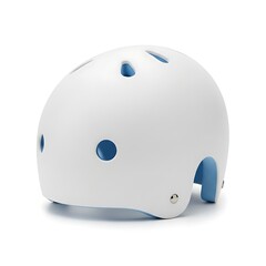 Fototapeta premium A white and blue helmet viewed from the back against a plain white background