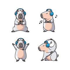 Cartoon koala listening to music with headphones in various poses