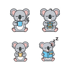 Obraz premium Cute cartoon koalas relaxing with drinks and books in various poses