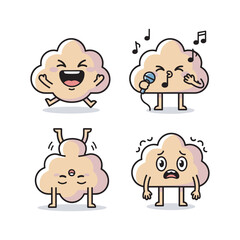 Cartoon brain characters expressing different emotions and actions with copy space